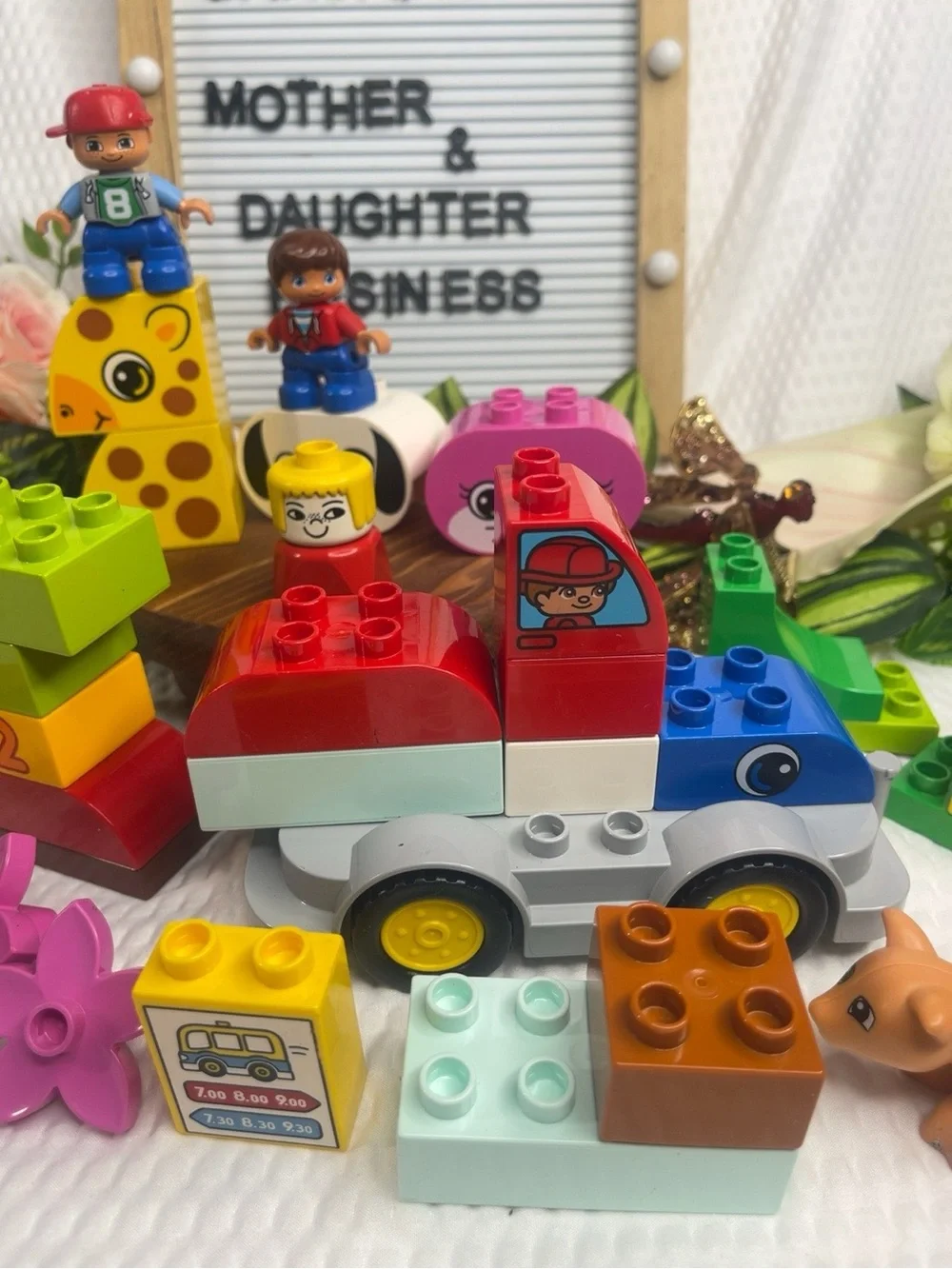 LEGO DUPLO Mixed Lot Figures Animals Truck Blocks Giraffe Pig Cat Flowers Toy